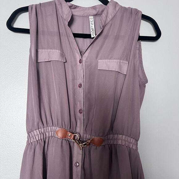 ✨R N B Women’s Dress M Purple Sheer Chiffon Sleeveless Button Front Belted - Picture 2 of 8
